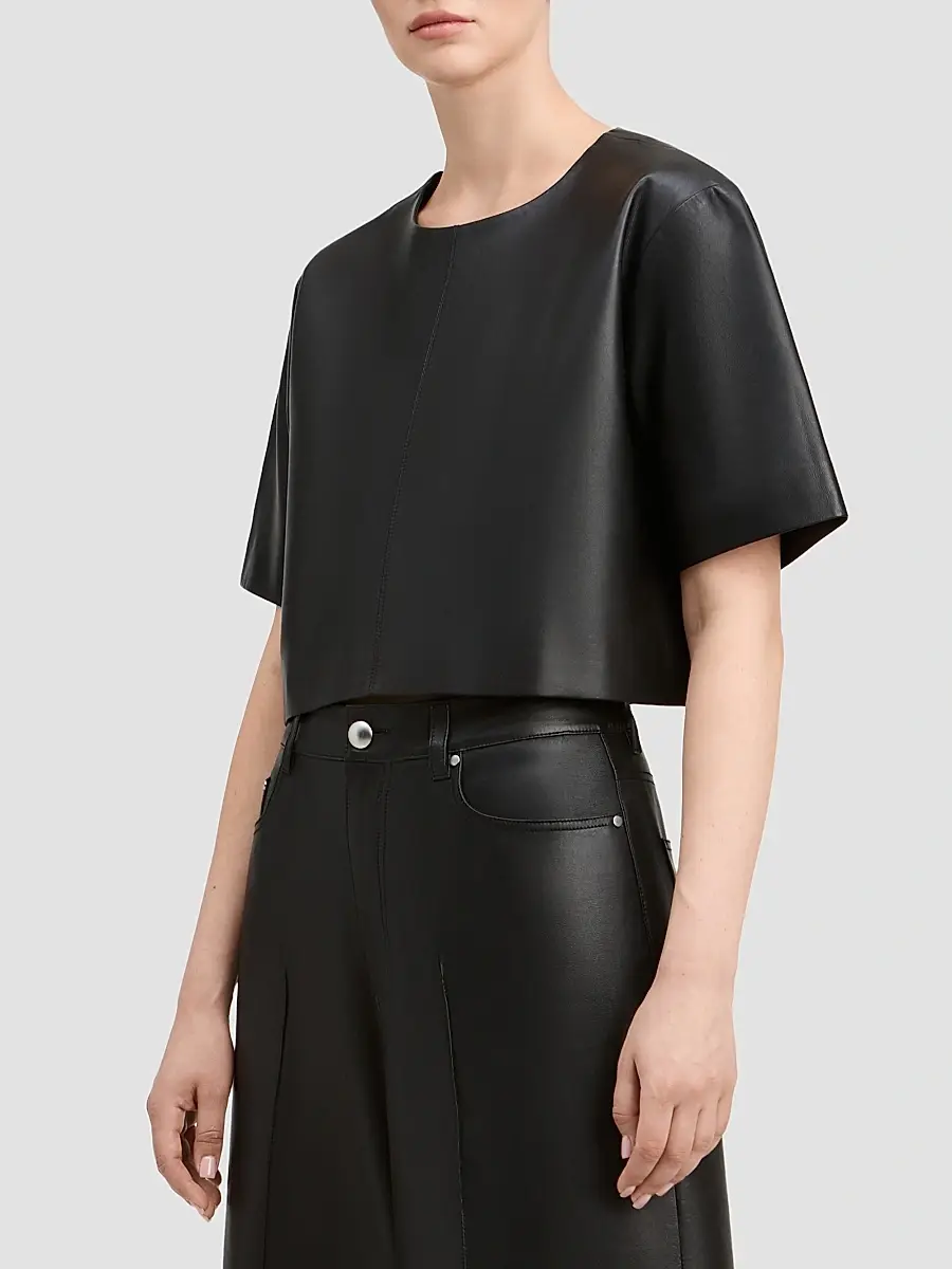 Derek Lam Women's Billie Paper Leather Short Sleeve Crop Top | Thumbnail 5 Derek Lam Women's Billie Paper Leather Short Sleeve Crop Top | Thumbnail 5