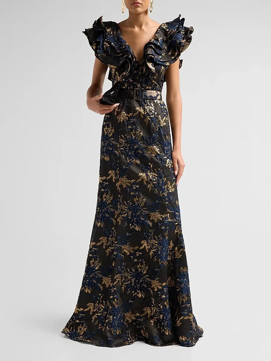 BADGLEY MISCHKA Women's Jacqaurd Ruffle-Sleeve Mermaid Gown | Thumbnail 2 BADGLEY MISCHKA Women's Jacqaurd Ruffle-Sleeve Mermaid Gown | Thumbnail 2