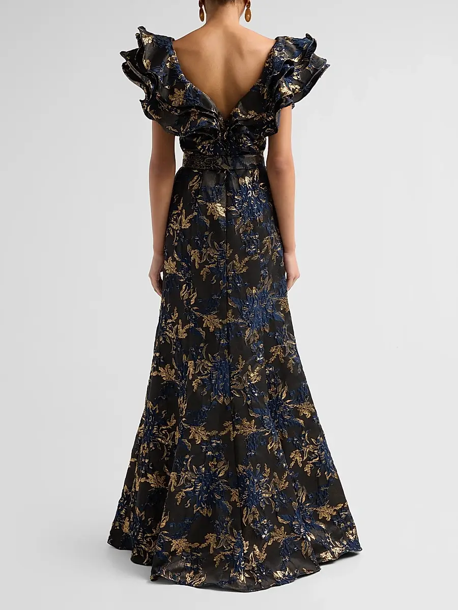 BADGLEY MISCHKA Women's Jacqaurd Ruffle-Sleeve Mermaid Gown | Thumbnail 3 BADGLEY MISCHKA Women's Jacqaurd Ruffle-Sleeve Mermaid Gown | Thumbnail 3