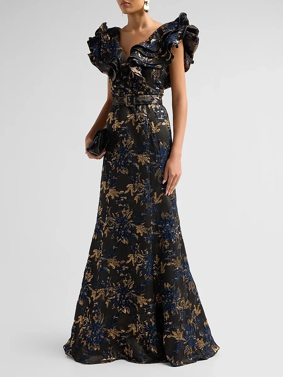 BADGLEY MISCHKA Women's Jacqaurd Ruffle-Sleeve Mermaid Gown | Thumbnail 4 BADGLEY MISCHKA Women's Jacqaurd Ruffle-Sleeve Mermaid Gown | Thumbnail 4