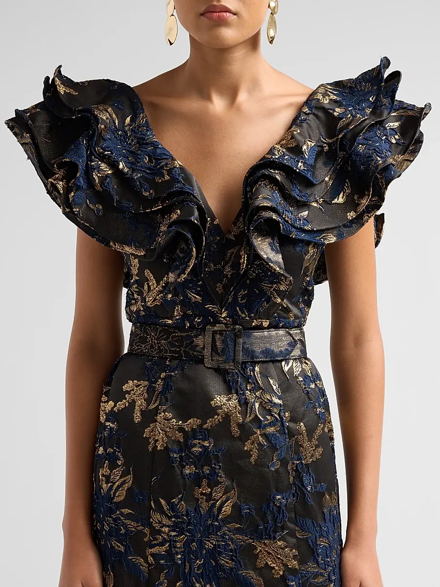 BADGLEY MISCHKA Women's Jacqaurd Ruffle-Sleeve Mermaid Gown | Thumbnail 5 BADGLEY MISCHKA Women's Jacqaurd Ruffle-Sleeve Mermaid Gown | Thumbnail 5