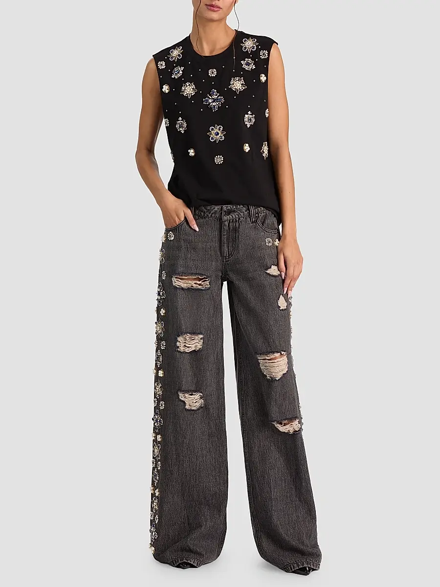 Alice + Olivia Women's Amazing Embellished Distressed Baggy Jeans | Thumbnail 2 Alice + Olivia Women's Amazing Embellished Distressed Baggy Jeans | Thumbnail 2
