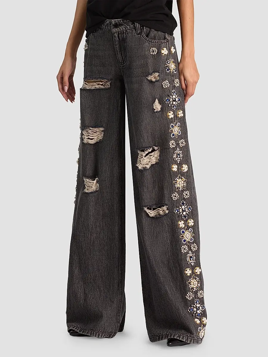 Alice + Olivia Women's Amazing Embellished Distressed Baggy Jeans | Thumbnail 4 Alice + Olivia Women's Amazing Embellished Distressed Baggy Jeans | Thumbnail 4