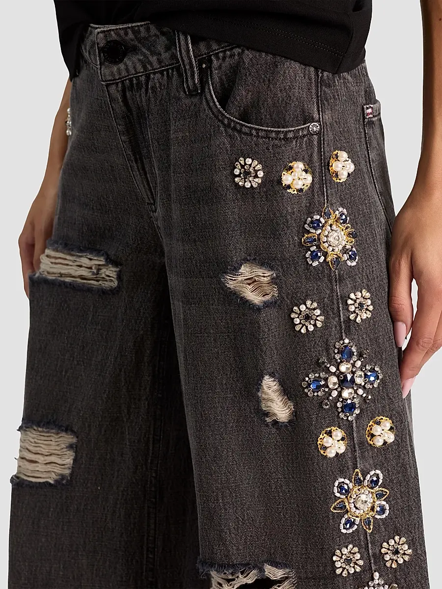 Alice + Olivia Women's Amazing Embellished Distressed Baggy Jeans | Thumbnail 5 Alice + Olivia Women's Amazing Embellished Distressed Baggy Jeans | Thumbnail 5