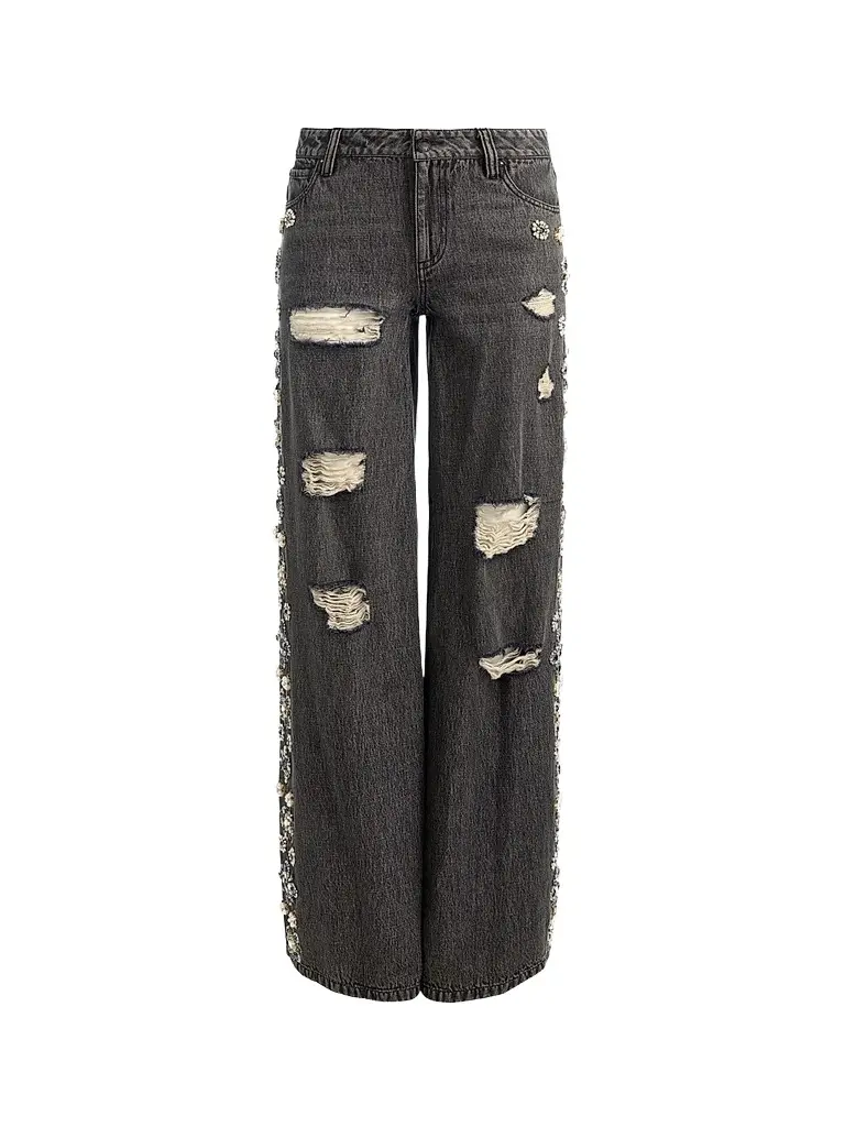Alice + Olivia Women's Amazing Embellished Distressed Baggy Jeans
