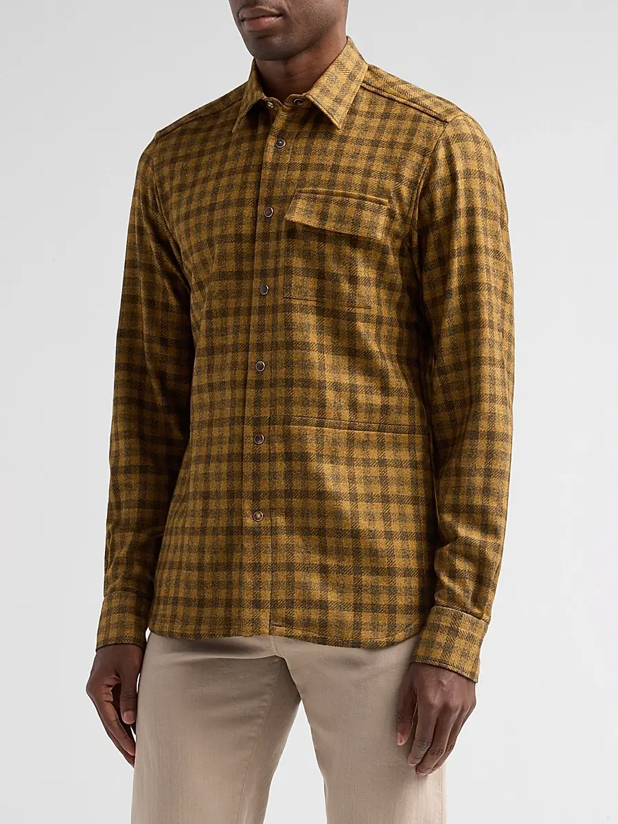 Kiton Men's Buba Plaid Cashmere Snap-Front Shirt | Thumbnail 4 Kiton Men's Buba Plaid Cashmere Snap-Front Shirt | Thumbnail 4