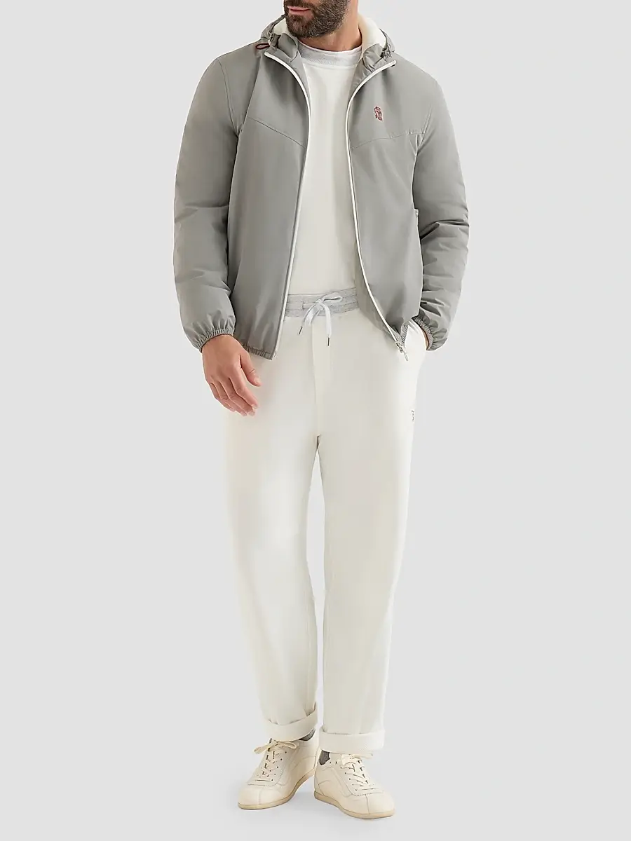 Brunello Cucinelli Men's Bonded Nylon Hooded Outerwear Jacket with Thermore Padding and Logo - Grey | Thumbnail 2