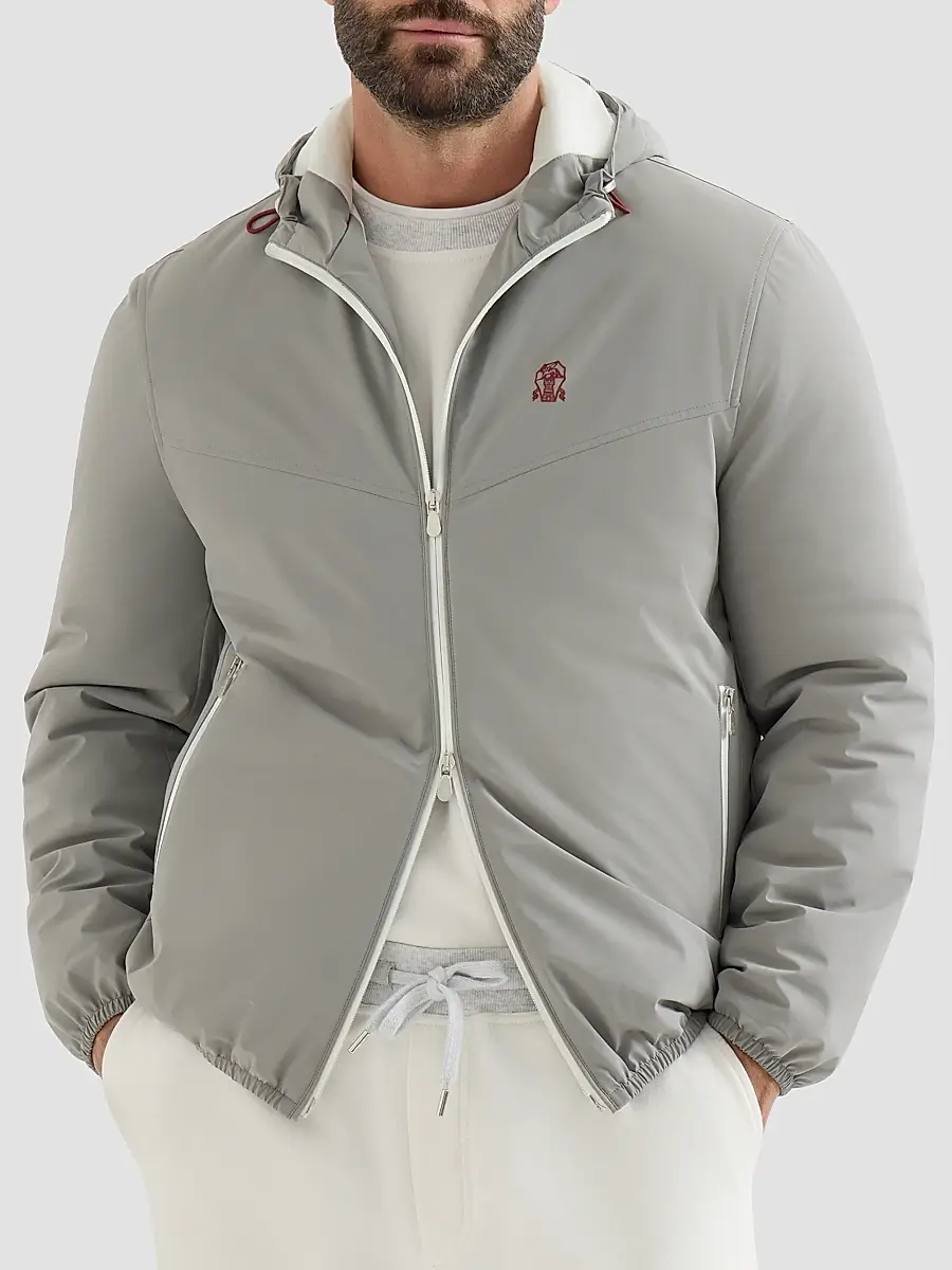 Brunello Cucinelli Men's Bonded Nylon Hooded Outerwear Jacket with Thermore Padding and Logo - Grey | Thumbnail 3