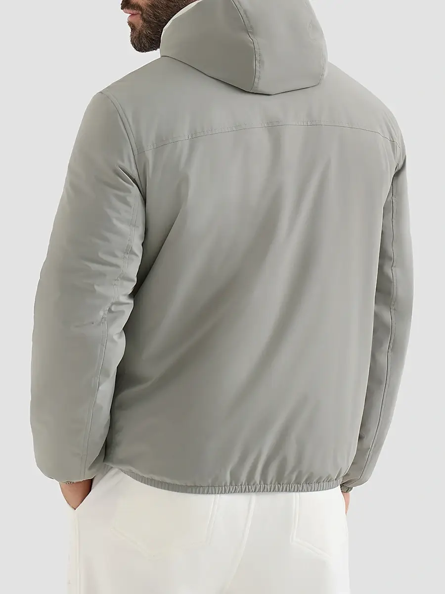 Brunello Cucinelli Men's Bonded Nylon Hooded Outerwear Jacket with Thermore Padding and Logo - Grey | Thumbnail 4