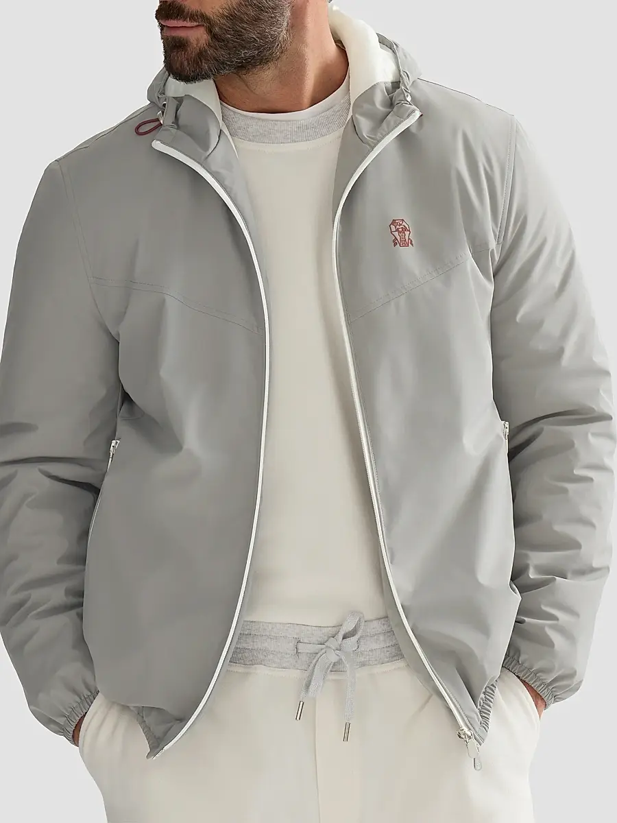 Brunello Cucinelli Men's Bonded Nylon Hooded Outerwear Jacket with Thermore Padding and Logo - Grey | Thumbnail 5
