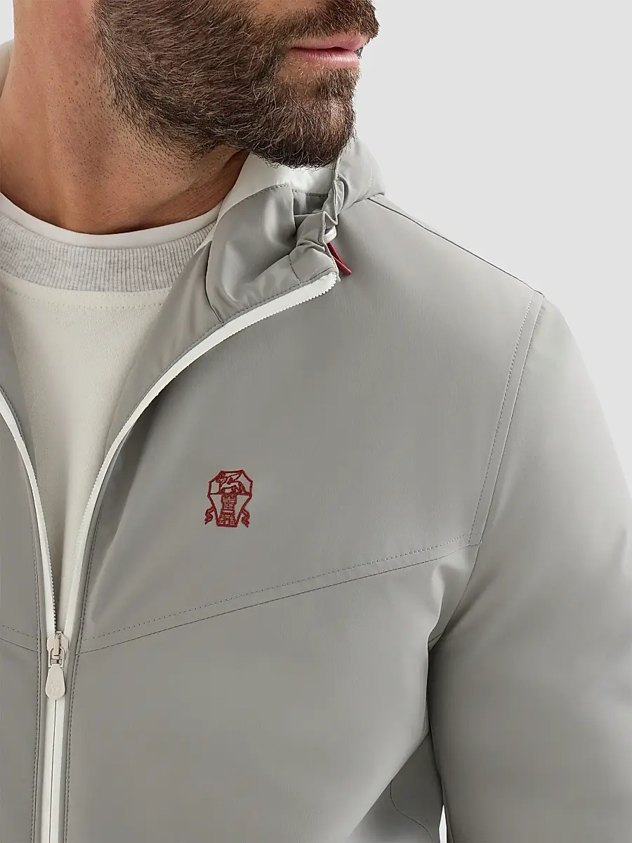 Brunello Cucinelli Men's Bonded Nylon Hooded Outerwear Jacket with Thermore Padding and Logo - Grey | Thumbnail 6