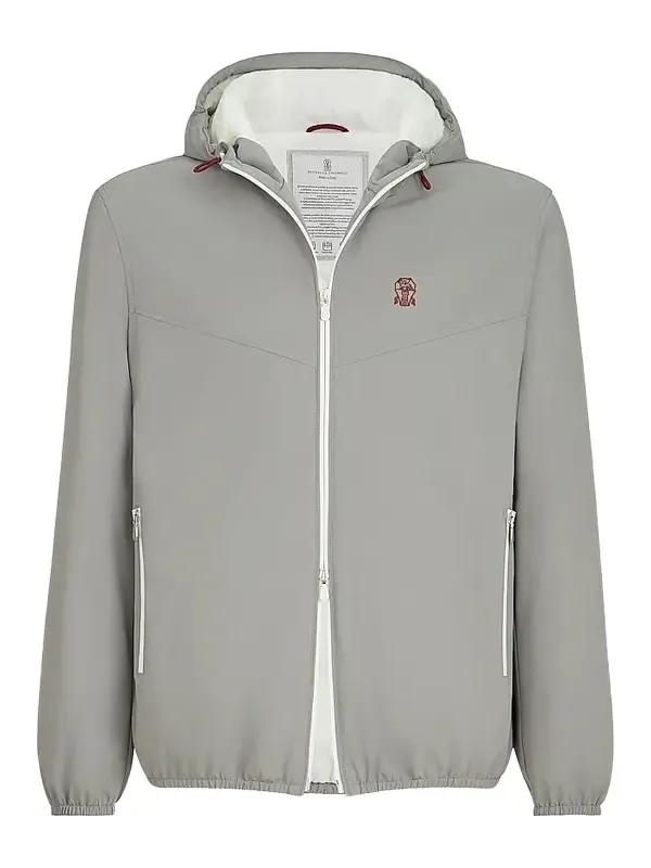 Brunello Cucinelli Men's Bonded Nylon Hooded Outerwear Jacket with Thermore Padding and Logo - Grey