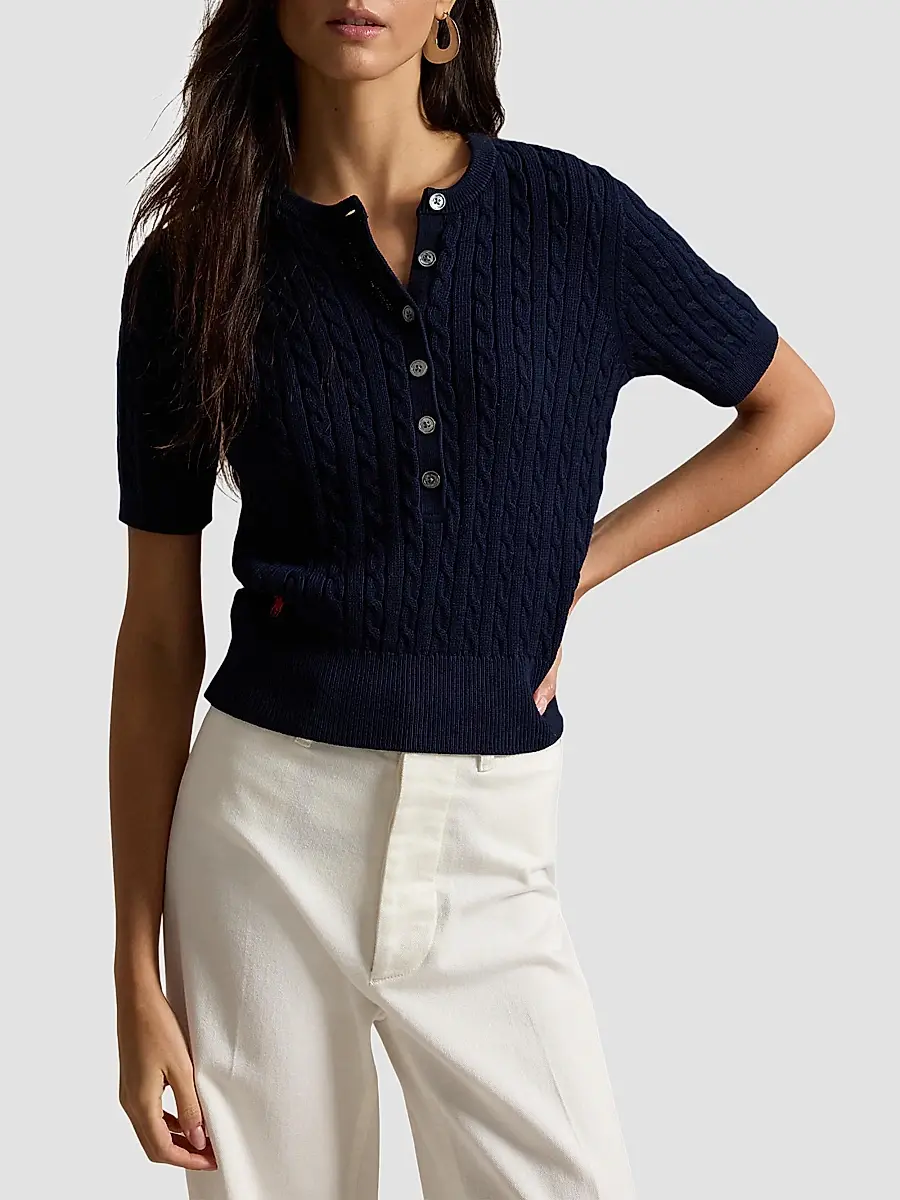 Polo Ralph Lauren Women's Mini-Cable Short-Sleeve Henley Sweater | Thumbnail 4 Polo Ralph Lauren Women's Mini-Cable Short-Sleeve Henley Sweater | Thumbnail 4