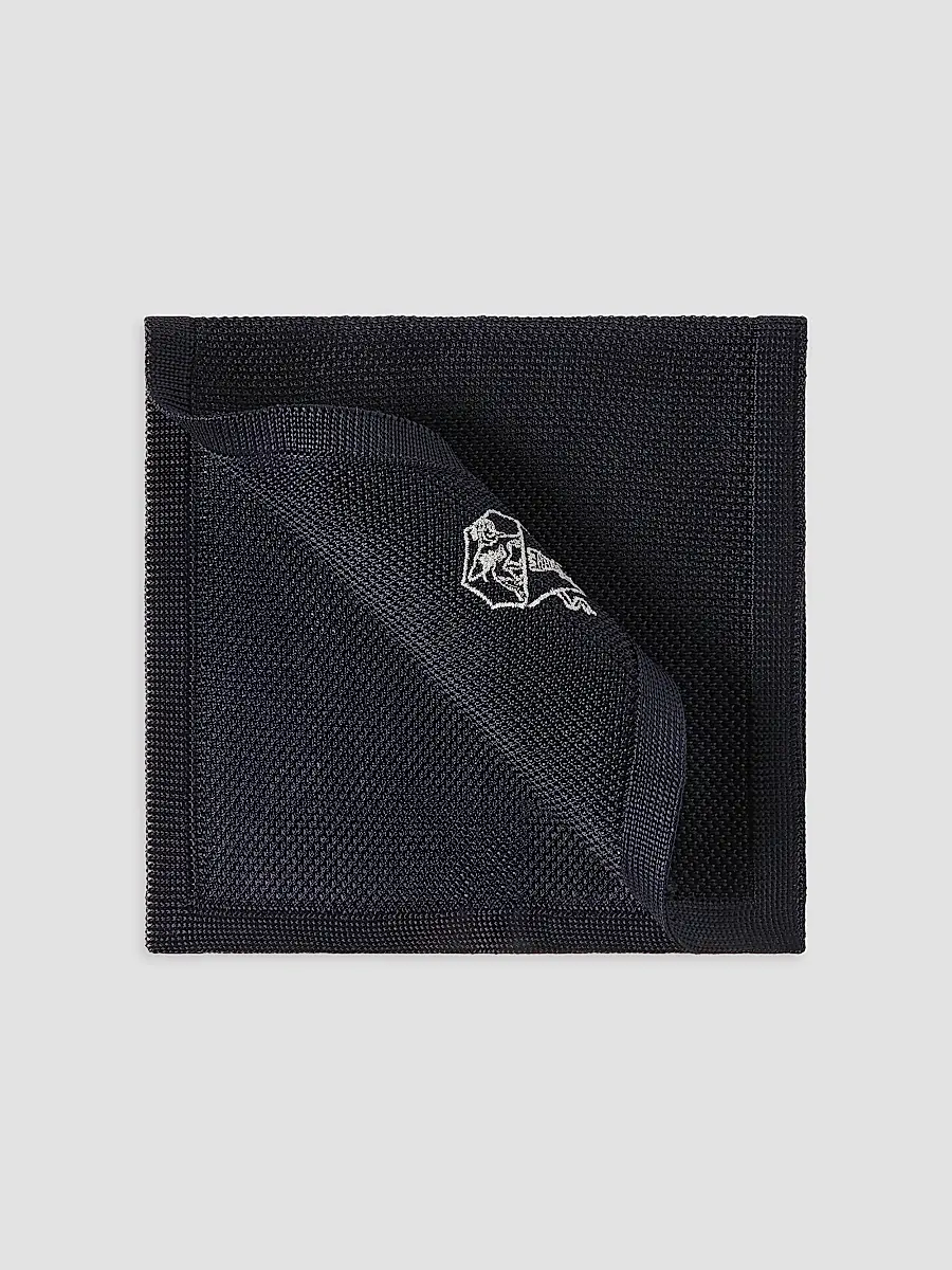 Brunello Cucinelli Men's Silk Knit Pocket Square with Embroidered Logo - Navy Blue | Thumbnail 2 Brunello Cucinelli Men's Silk Knit Pocket Square with Embroidered Logo - Navy Blue | Thumbnail 2