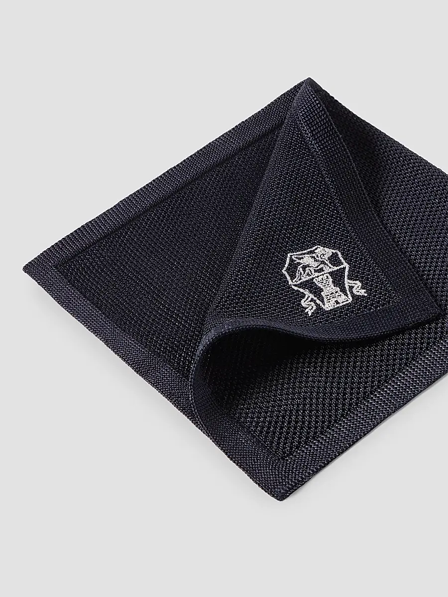 Brunello Cucinelli Men's Silk Knit Pocket Square with Embroidered Logo - Navy Blue | Thumbnail 3 Brunello Cucinelli Men's Silk Knit Pocket Square with Embroidered Logo - Navy Blue | Thumbnail 3
