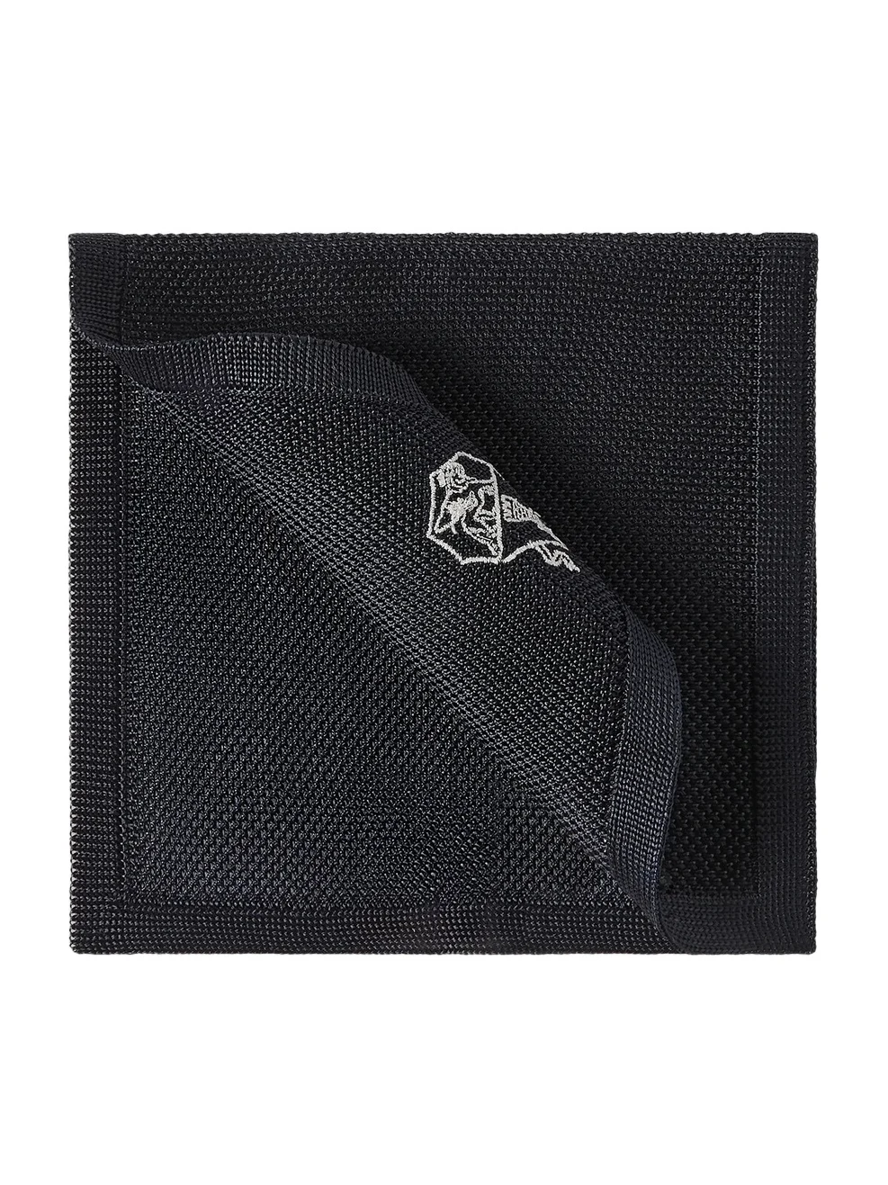 Brunello Cucinelli Men's Silk Knit Pocket Square with Embroidered Logo - Navy Blue