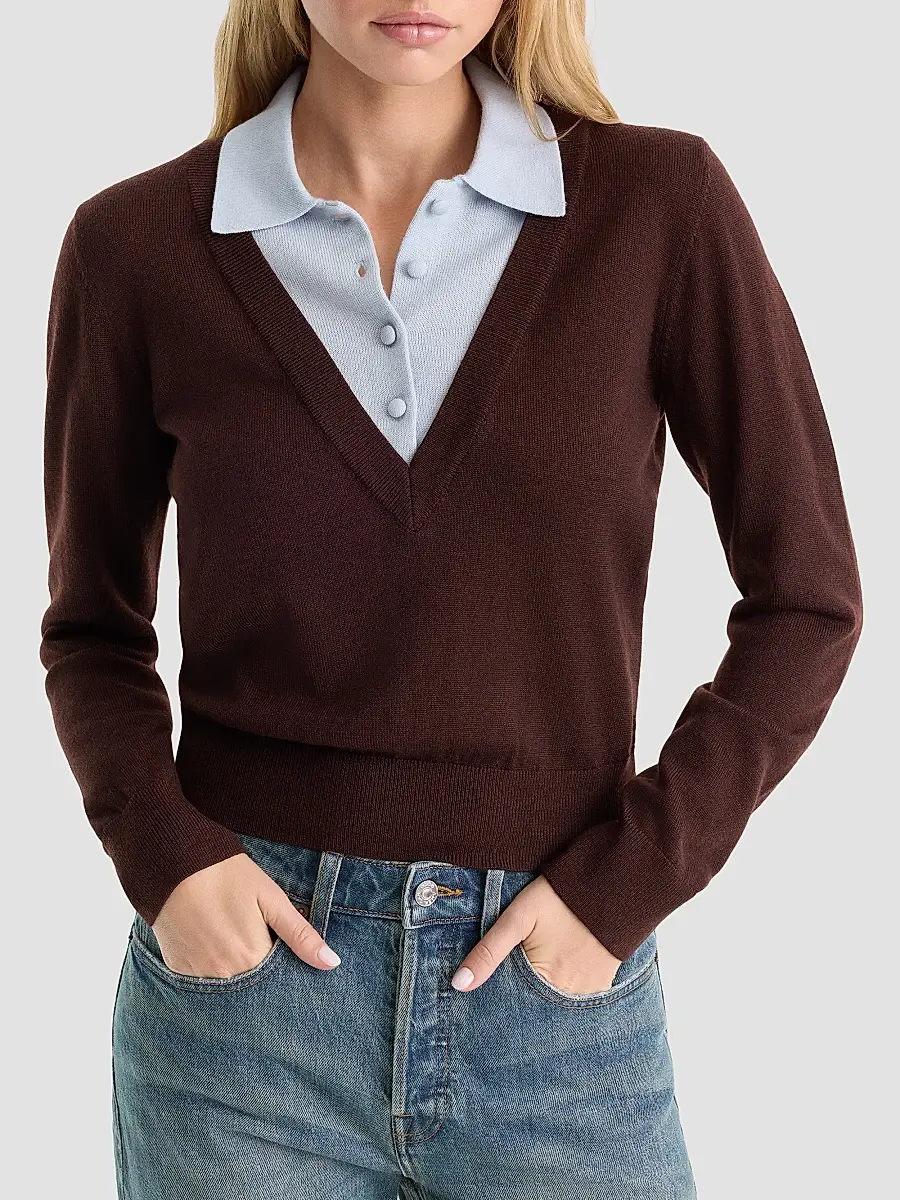 GOOD AMERICAN Women's Merino Wool Layered Polo Sweater | Thumbnail 4