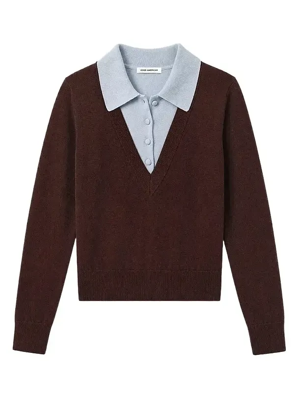 GOOD AMERICAN Women's Merino Wool Layered Polo Sweater