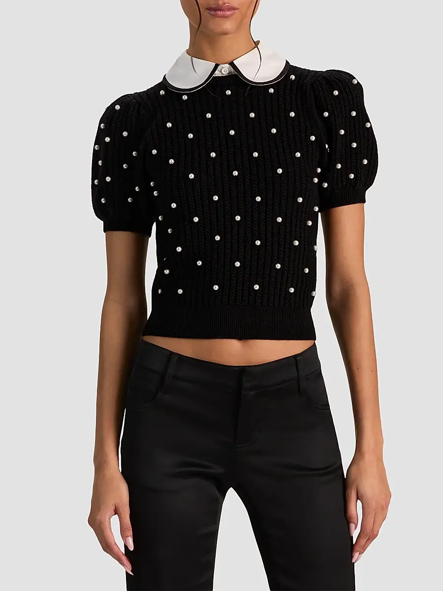 Alice + Olivia Women's Chase Embellished Stretch-Wool Puff-Sleeve Sweater | Thumbnail 4 Alice + Olivia Women's Chase Embellished Stretch-Wool Puff-Sleeve Sweater | Thumbnail 4