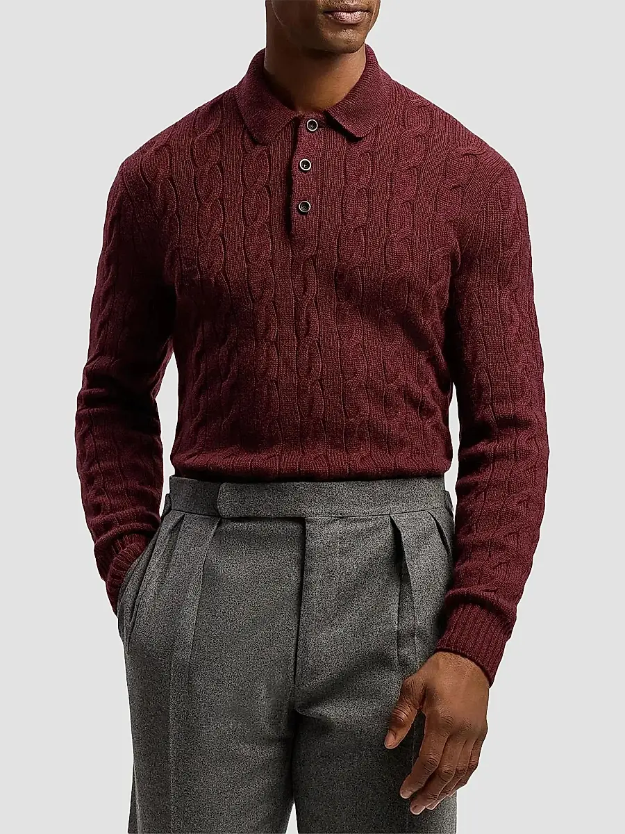 Ralph Lauren Purple Label Men's Cable-Knit Cashmere Polo Sweater | Thumbnail 4