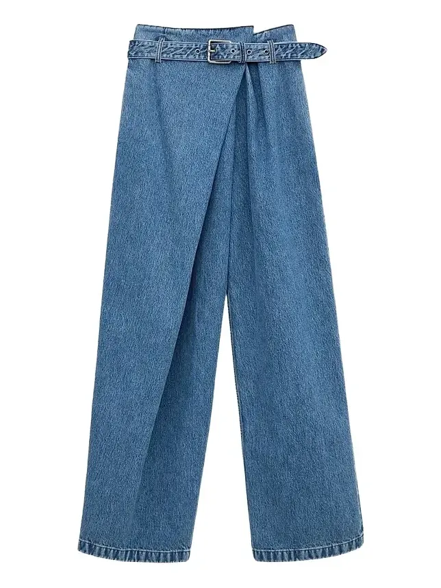 Women's Draped Washed-Cotton Belted Jeans Women's Draped Washed-Cotton Belted Jeans