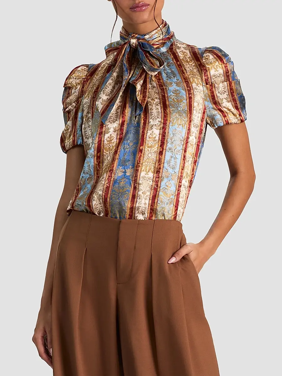 Alice + Olivia Women's Brentley Printed Tieneck Short-Sleeve Blouse | Thumbnail 4 Alice + Olivia Women's Brentley Printed Tieneck Short-Sleeve Blouse | Thumbnail 4