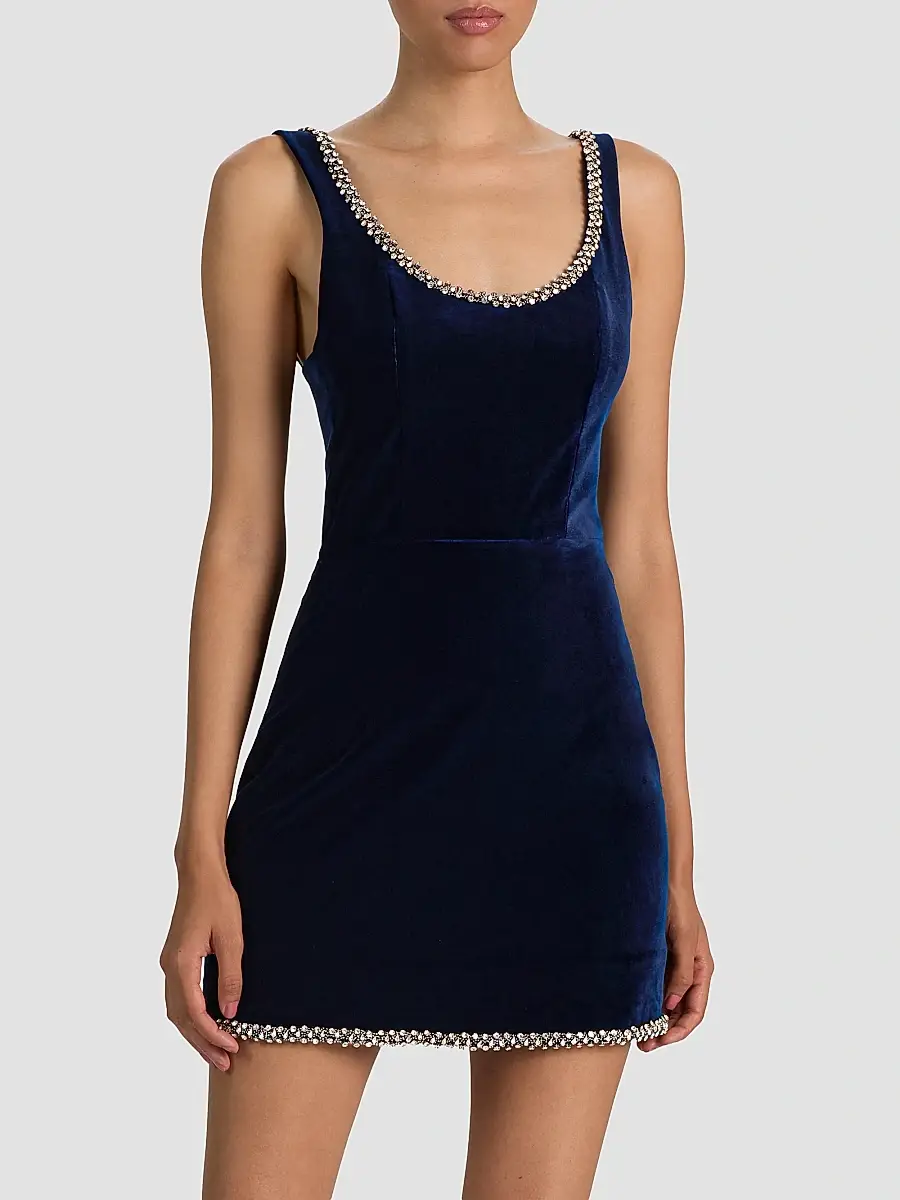 Alice + Olivia Women's Charlotte Rhinestone-Trim Velvet A-Line Mini Dress | Thumbnail 5