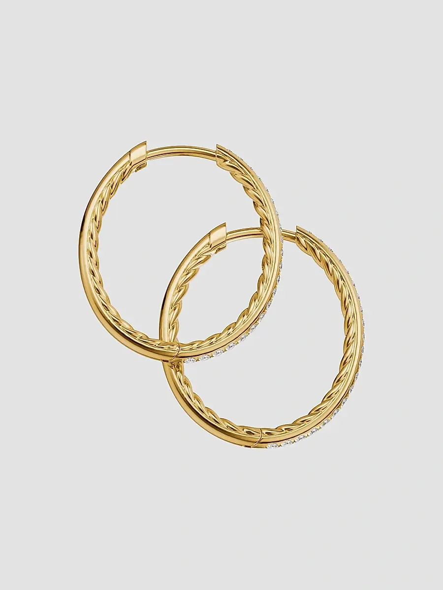 David Yurman Women's Petite Pavé Hoop Earrings in 18K Yellow Gold with Diamonds, 19.3MM - Gold | Thumbnail 4 David Yurman Women's Petite Pavé Hoop Earrings in 18K Yellow Gold with Diamonds, 19.3MM - Gold | Thumbnail 4