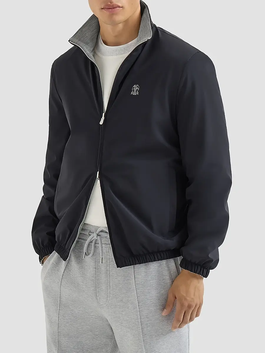 Brunello Cucinelli Men's Bonded Nylon Reversible Outerwear Jacket with Logo - Navy Blue | Thumbnail 3