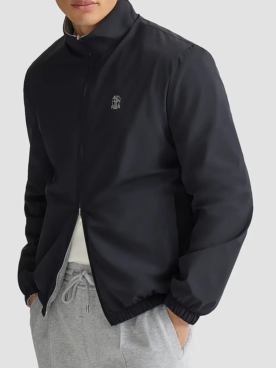 Brunello Cucinelli Men's Bonded Nylon Reversible Outerwear Jacket with Logo - Navy Blue | Thumbnail 5