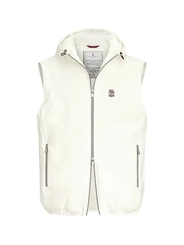 Brunello Cucinelli Men's Bonded Nylon Hooded Vest with Thermore Padding - Off White