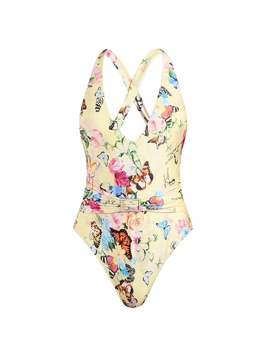 L'Agence Women's Lisa Garden Butterflies Plunge One-Piece Swimsuit