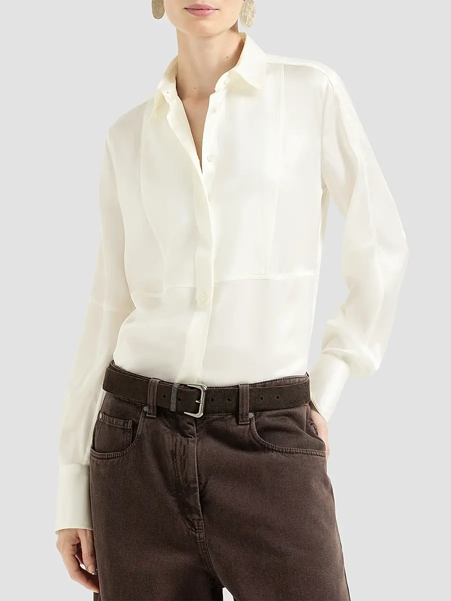 Brunello Cucinelli Women's Stretch Silk Satin Shirt with Monili - White | Thumbnail 3 Brunello Cucinelli Women's Stretch Silk Satin Shirt with Monili - White | Thumbnail 3