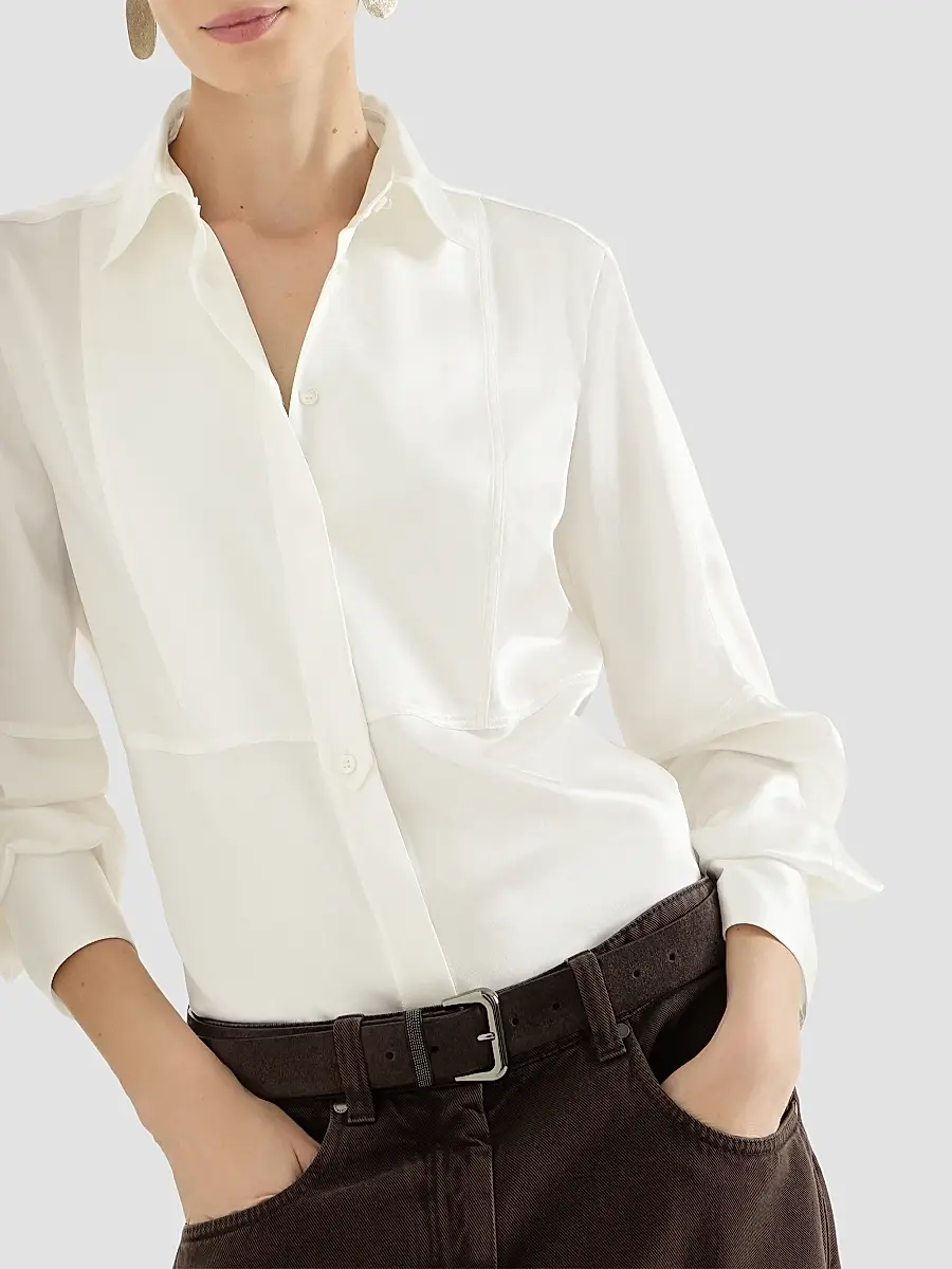Brunello Cucinelli Women's Stretch Silk Satin Shirt with Monili - White | Thumbnail 5 Brunello Cucinelli Women's Stretch Silk Satin Shirt with Monili - White | Thumbnail 5