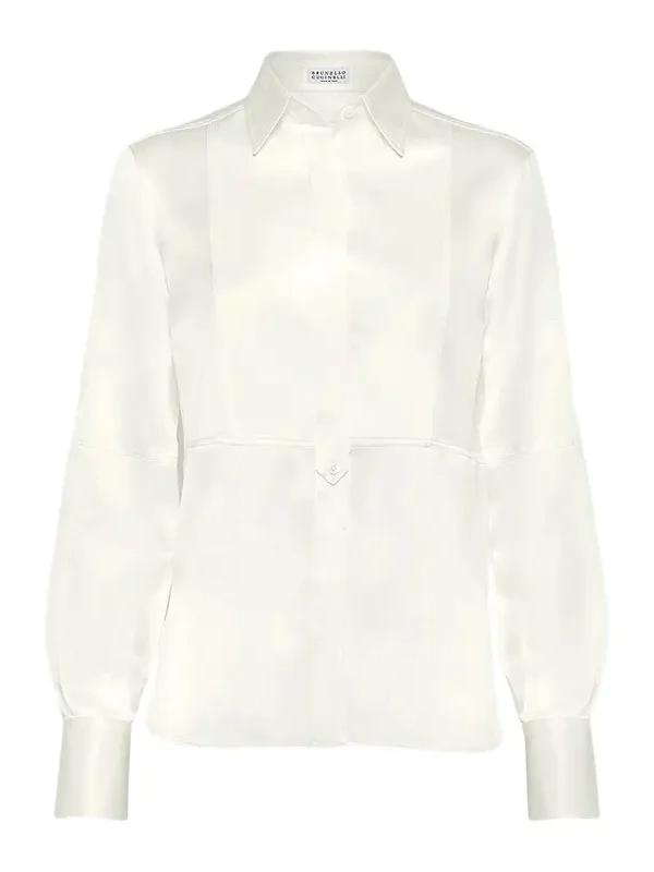 Women's Stretch Silk Satin Shirt with Monili - White