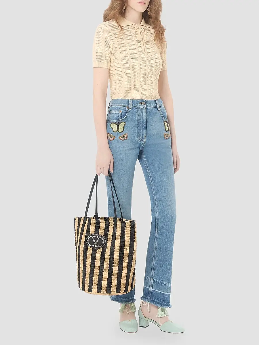 Valentino Women's Striped Raffia Shopping Bag | Thumbnail 2