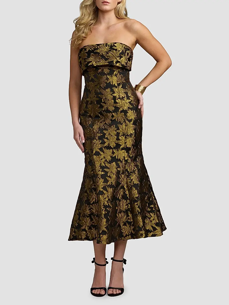 Mac Duggal Women's Strapless Brocade Mermaid Midi Dress | Thumbnail 2 Mac Duggal Women's Strapless Brocade Mermaid Midi Dress | Thumbnail 2