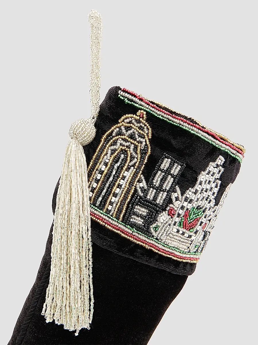 Sudha Pennathur Embroidered NYC Skyline Velvet Stocking | Thumbnail 3 Sudha Pennathur Embroidered NYC Skyline Velvet Stocking | Thumbnail 3