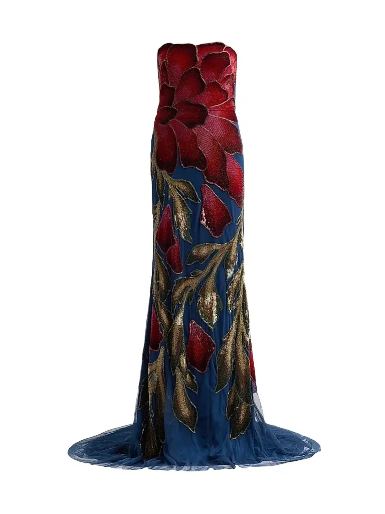 THEIA Women's Marie Strapless Beaded Floral Gown