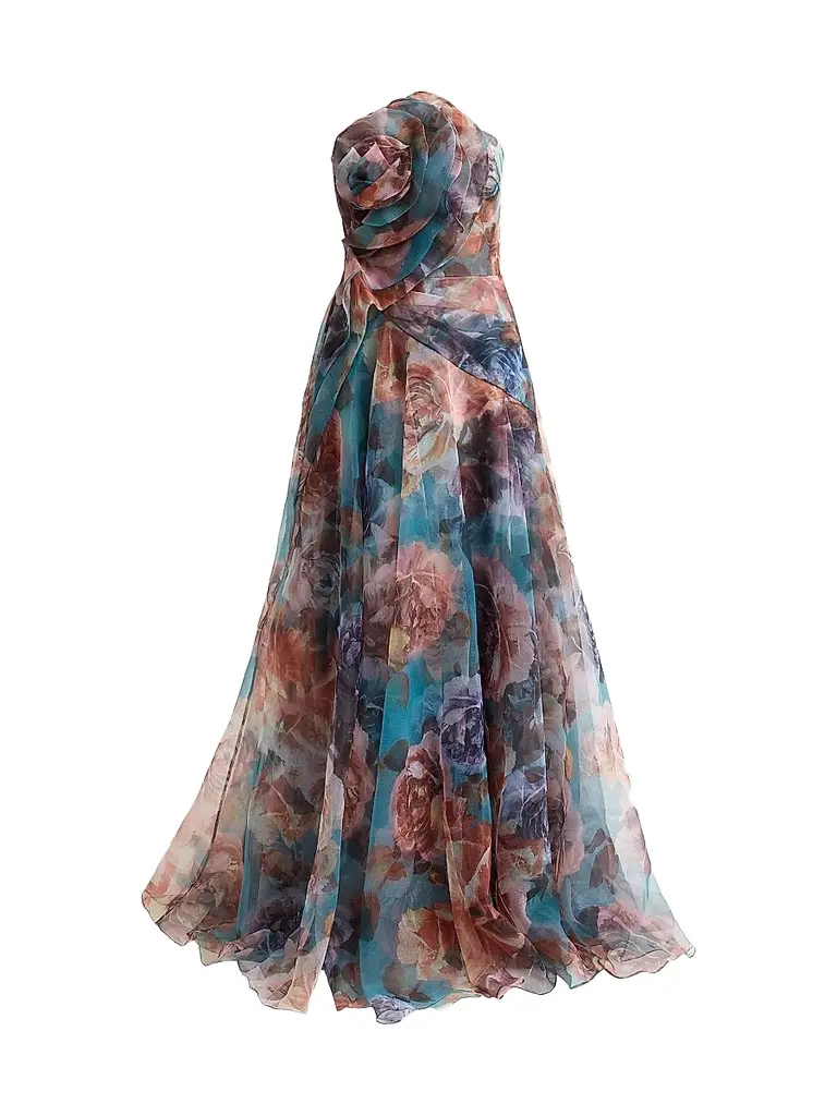 THEIA Women's Iona Rosette Organza Draped Gown