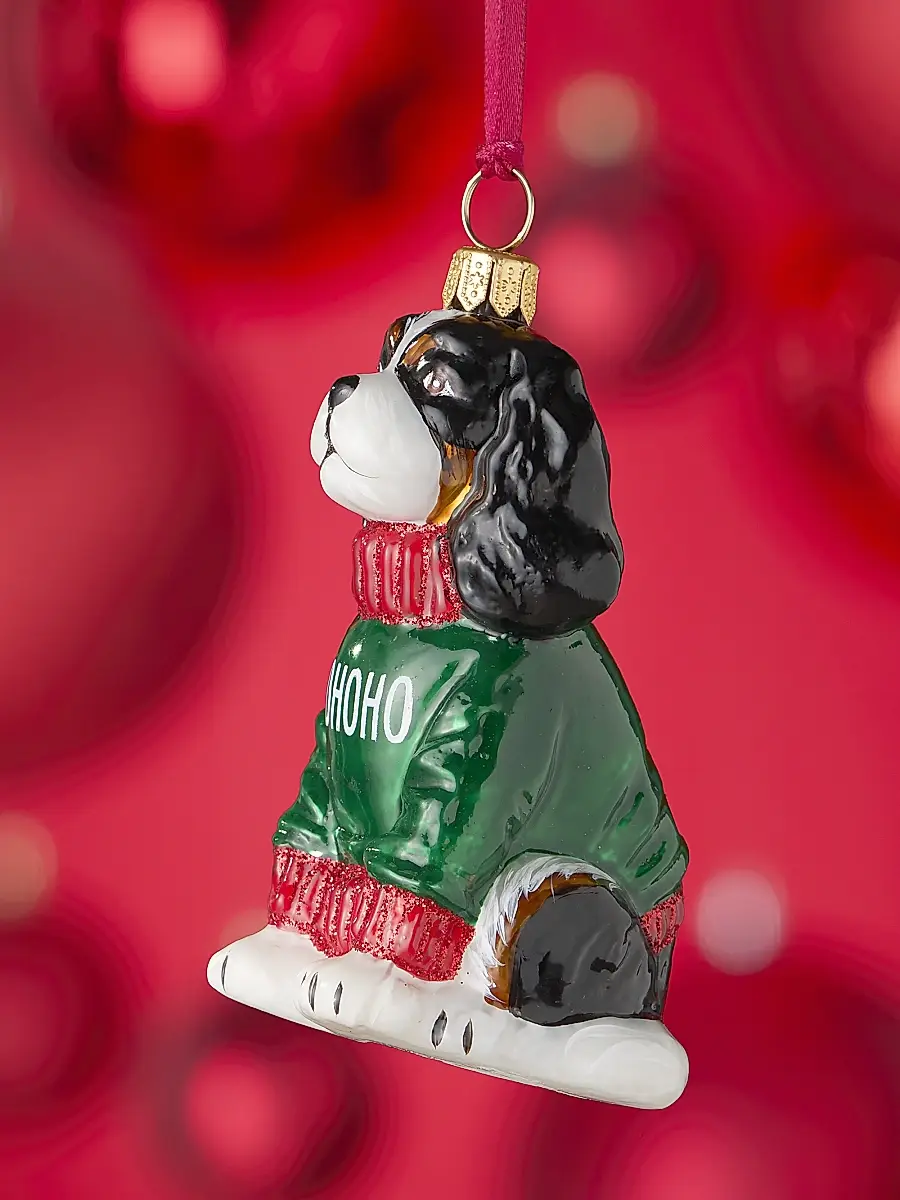 Joy To The World Cavalier King Charles Spaniel In "Ho Ho Ho" Sweater Glass Ornament | Thumbnail 2 Joy To The World Cavalier King Charles Spaniel In "Ho Ho Ho" Sweater Glass Ornament | Thumbnail 2