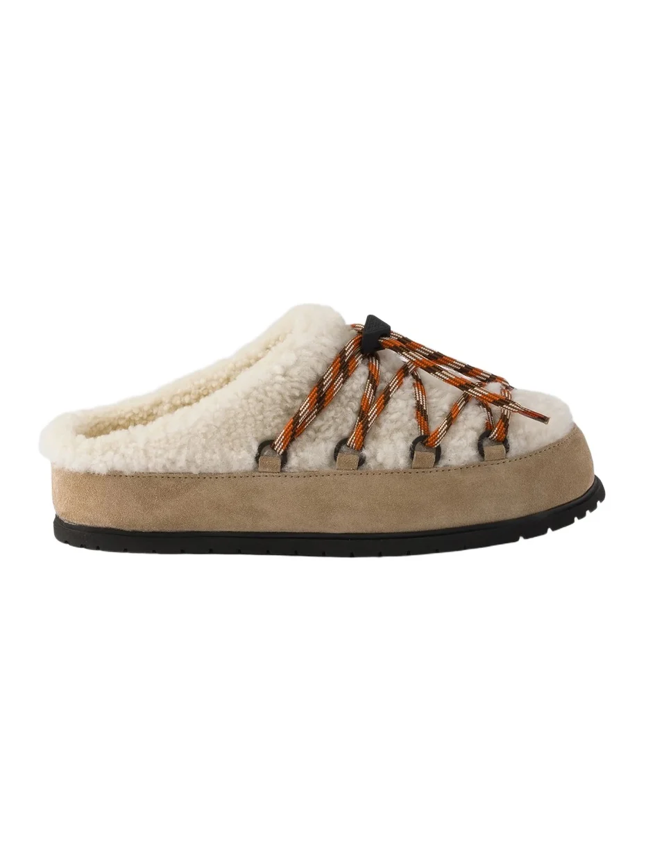 Women's Suede and Shearling Mules - Beige Khaki Women's Suede and Shearling Mules - Beige Khaki