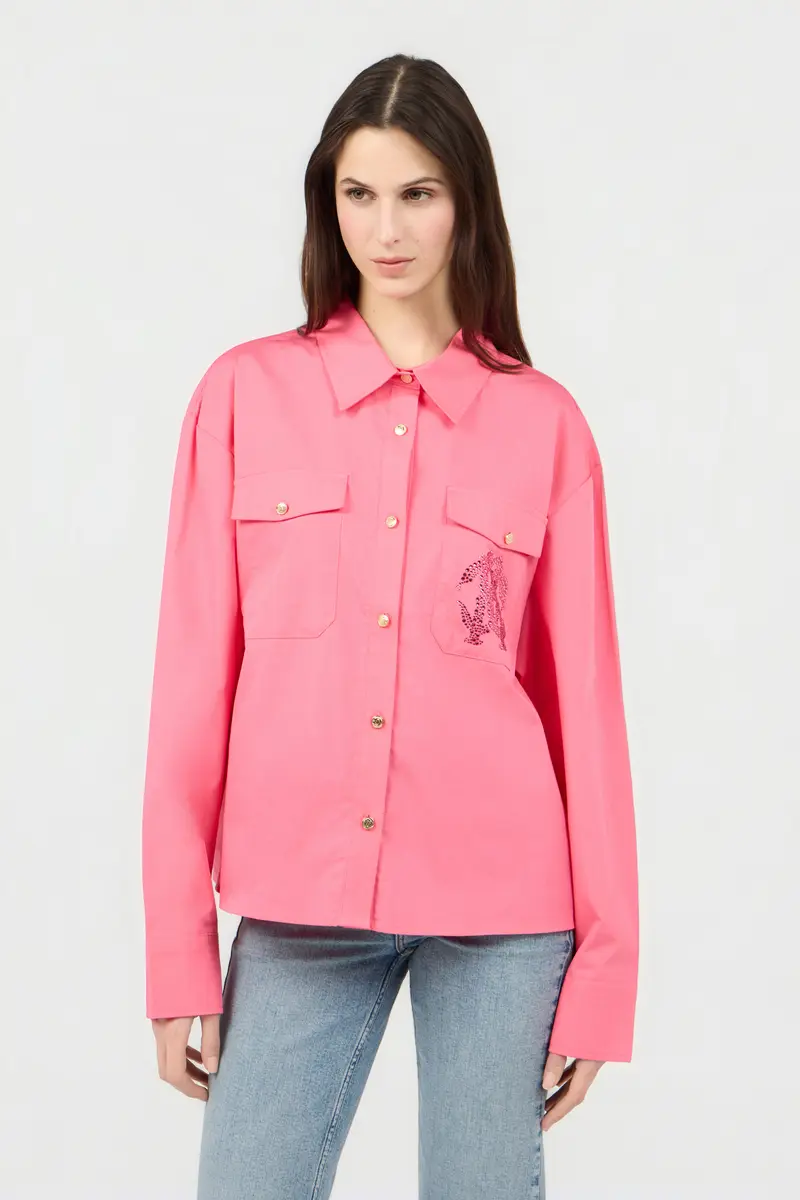 Roberto Cavalli Pink Shirt with Rhinestone Jewel Logo | Thumbnail 2 Roberto Cavalli Pink Shirt with Rhinestone Jewel Logo | Thumbnail 2