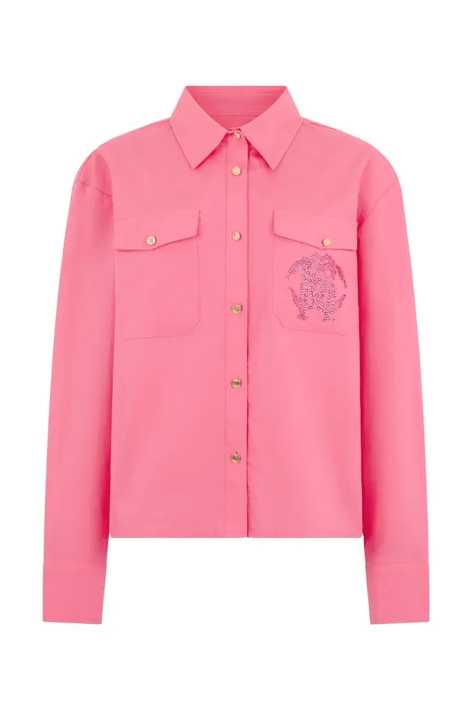Roberto Cavalli Pink Shirt with Rhinestone Jewel Logo