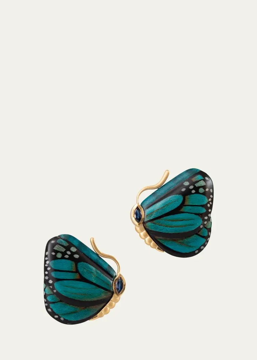 Silvia Furmanovich 18K Yellow Gold Marquetry Butterfly Earrings with Blue Sapphires | Thumbnail 2
