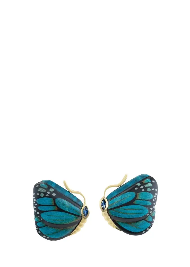 Silvia Furmanovich 18K Yellow Gold Marquetry Butterfly Earrings with Blue Sapphires