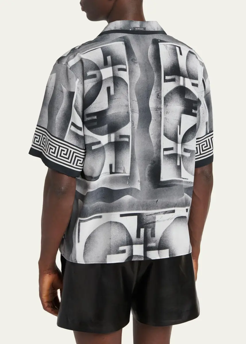 Versace Men's Silk Abstract La Greca-Trim Camp Shirt | Thumbnail 3 Versace Men's Silk Abstract La Greca-Trim Camp Shirt | Thumbnail 3