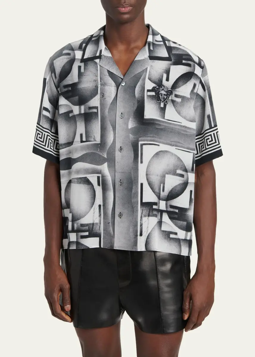 Versace Men's Silk Abstract La Greca-Trim Camp Shirt | Thumbnail 4 Versace Men's Silk Abstract La Greca-Trim Camp Shirt | Thumbnail 4