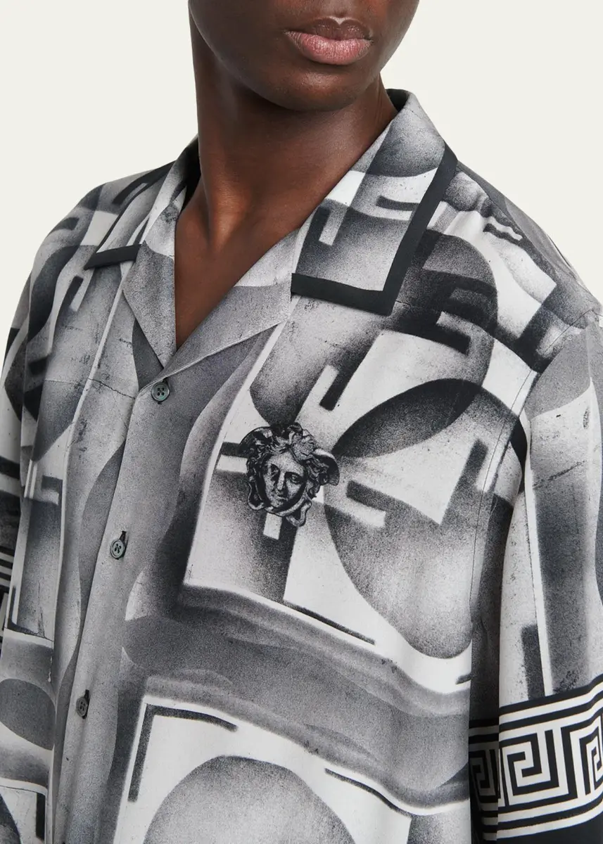 Versace Men's Silk Abstract La Greca-Trim Camp Shirt | Thumbnail 5 Versace Men's Silk Abstract La Greca-Trim Camp Shirt | Thumbnail 5