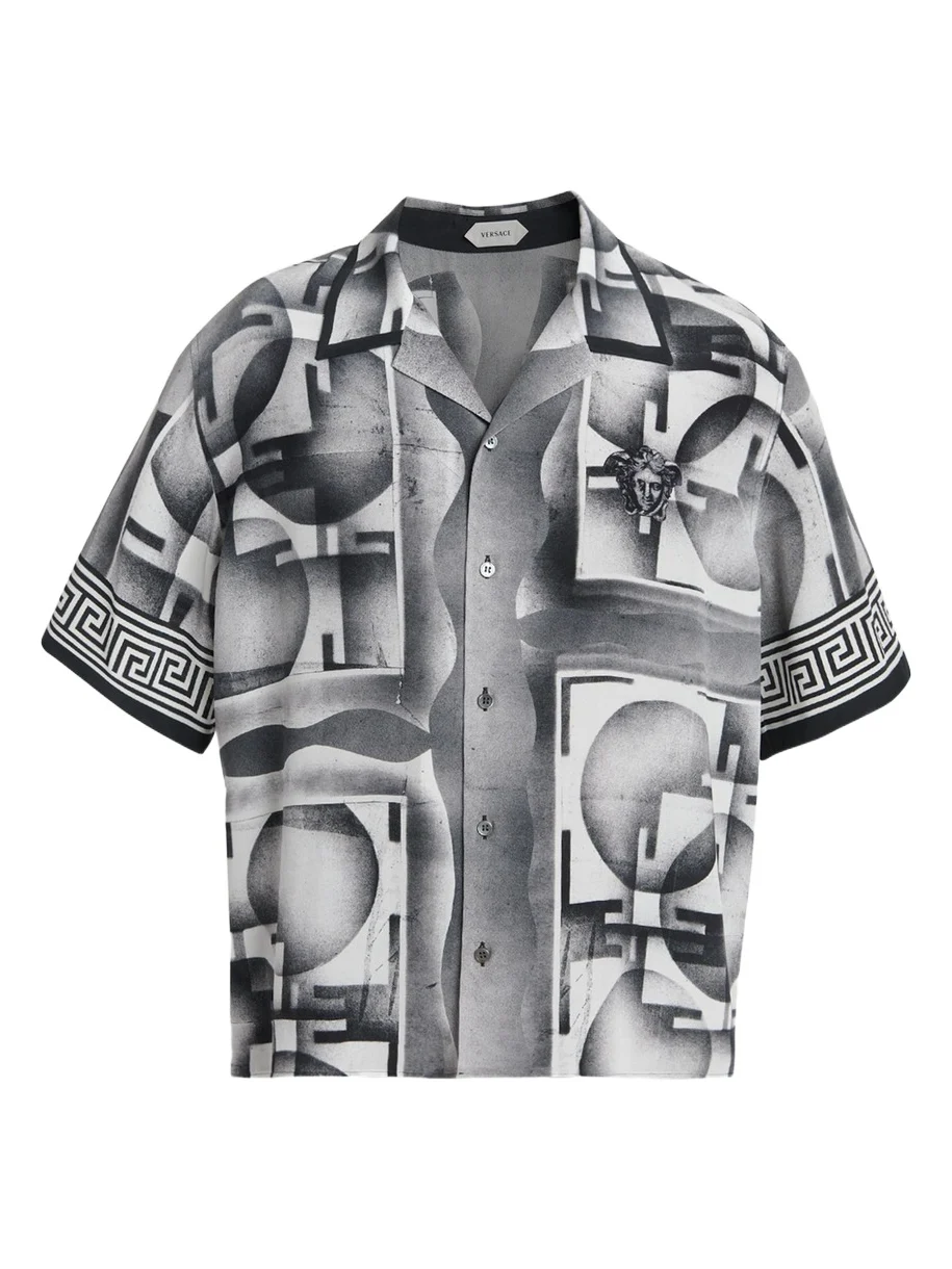 Versace Men's Silk Abstract La Greca-Trim Camp Shirt